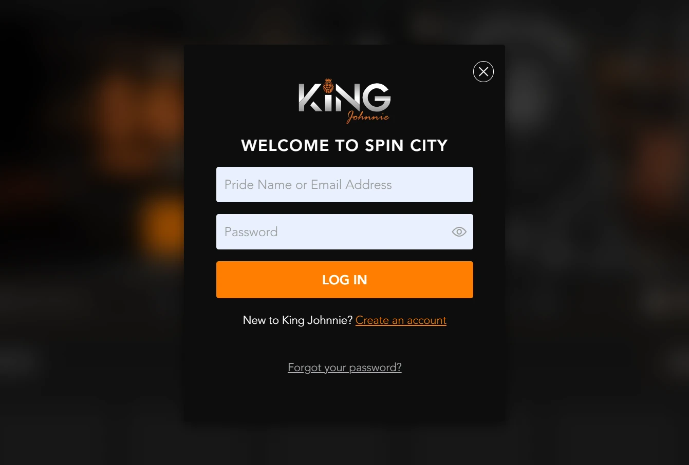 King Johnnie Casino login form